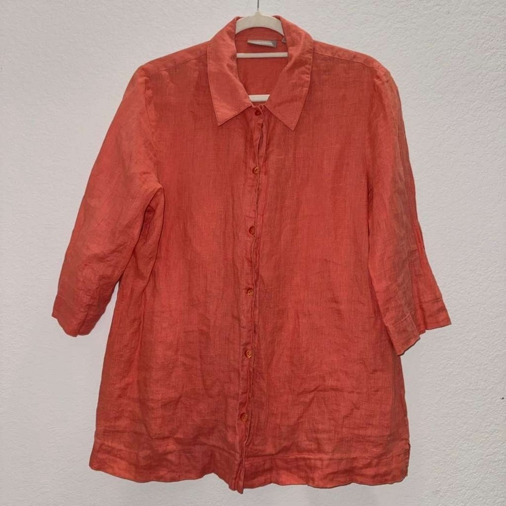 Nordstrom Women's Sz L Button Down Shirt 100% Linen 3/4 Sleeve Peach Casual Work